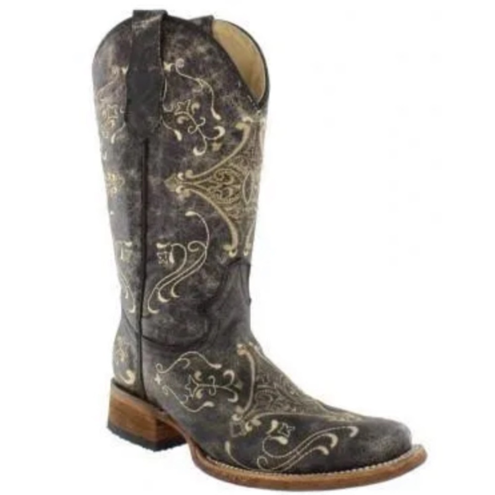 Circle G Ladies Cowgirl Boots Brown Crackle with Bone Embroider  Size 8